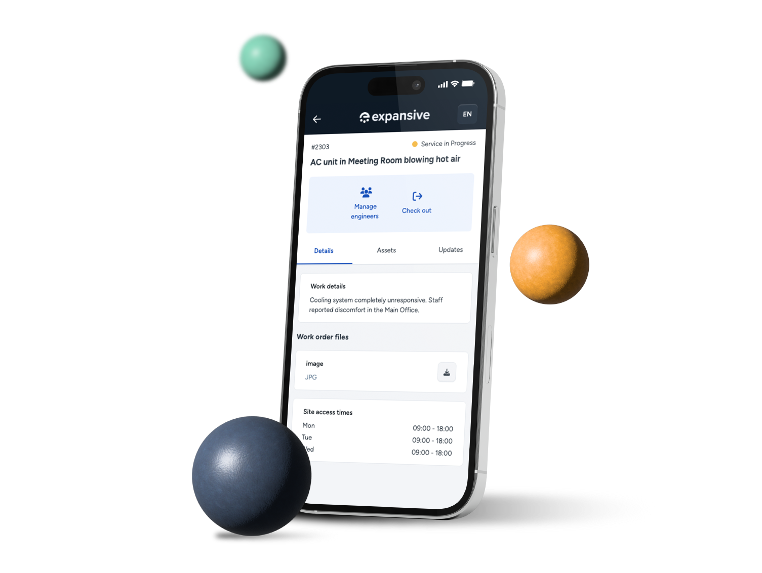 Engineer App mobile mockup_coloured spheres